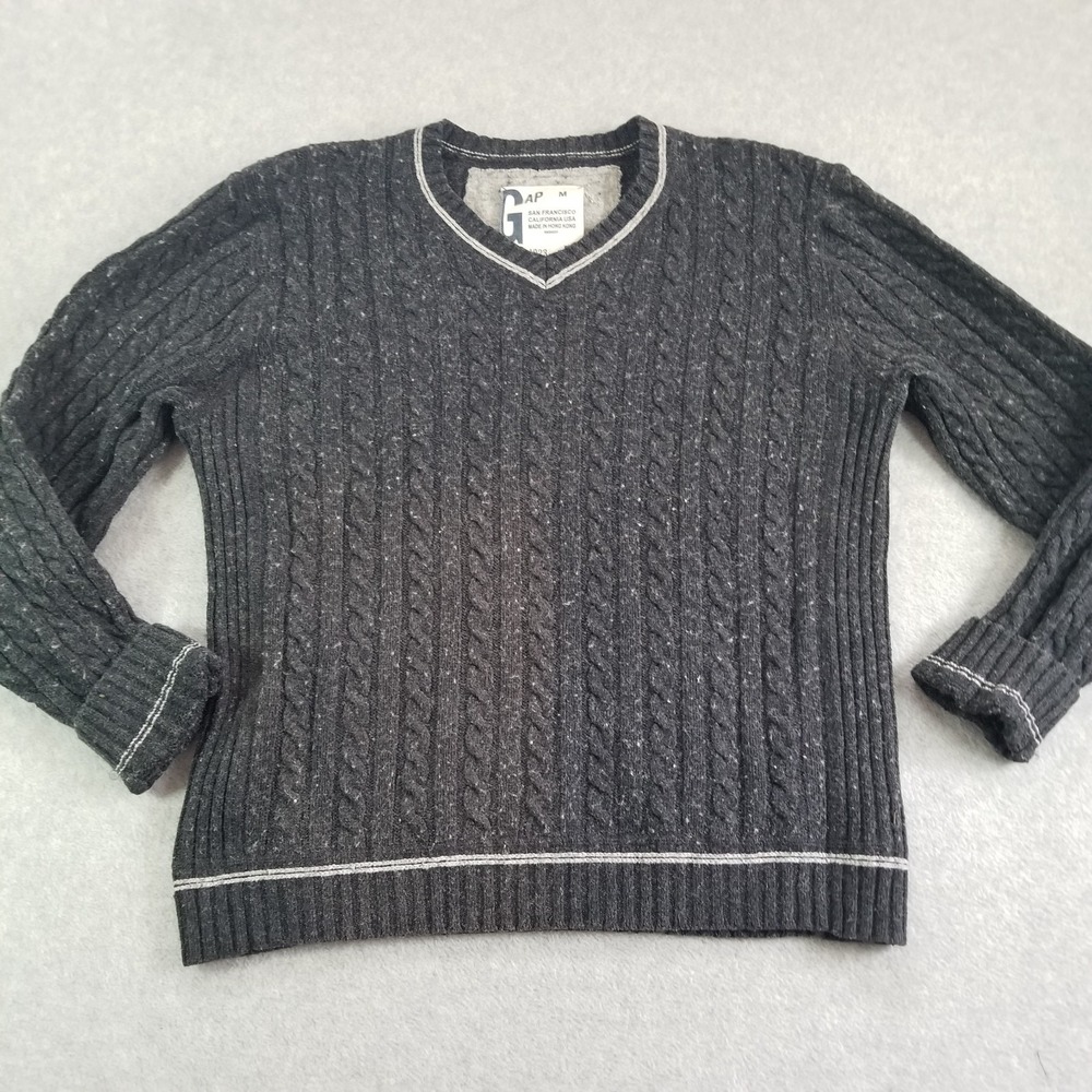 Vintage Y2K Gap Sweater Mens Medium Gray Cable Knit V Neck Speckled Ribbed Trim